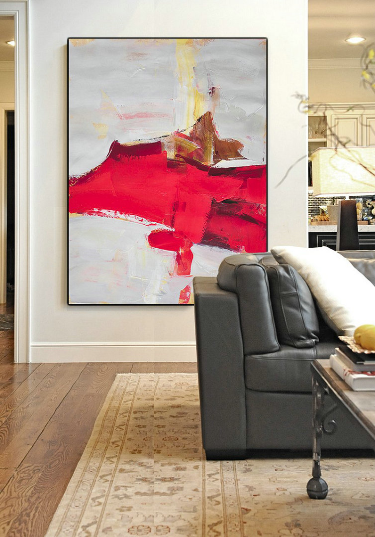 Hand-Painted Contemporary Art,Vertical Palette Knife Contemporary Art,Large Wall Canvas,Grey,Red,Brown.etc